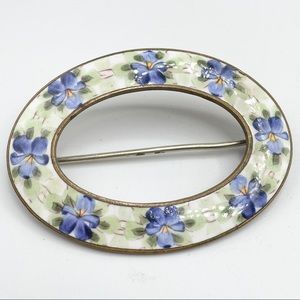 Antique Guilloche enamel flower sash pin brooch
